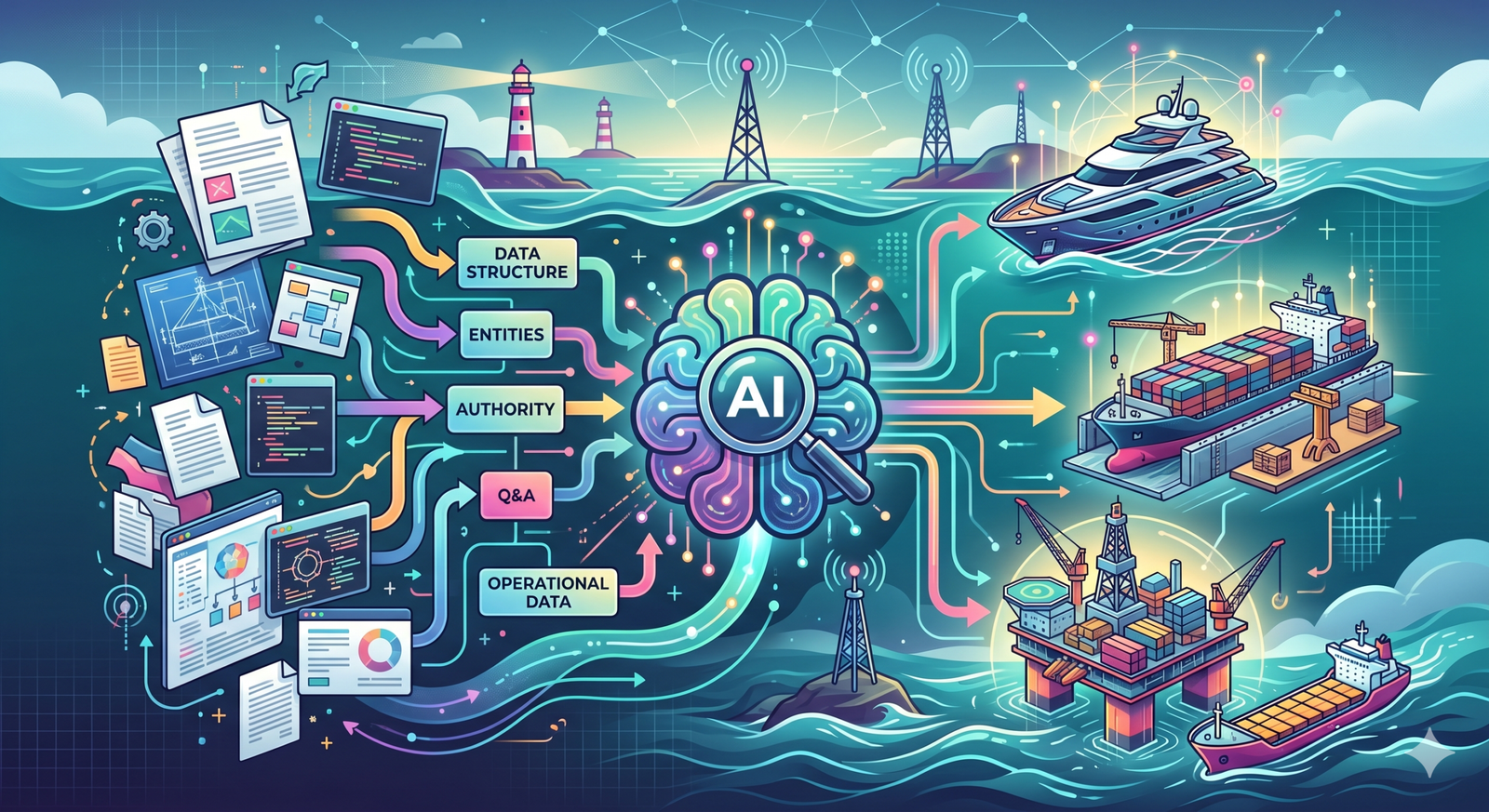 A futuristic maritime workspace where an AI processor transforms physical blueprints and documents into structured data and digital shortlists, with a modern shipyard, yacht, and offshore rig in the background.